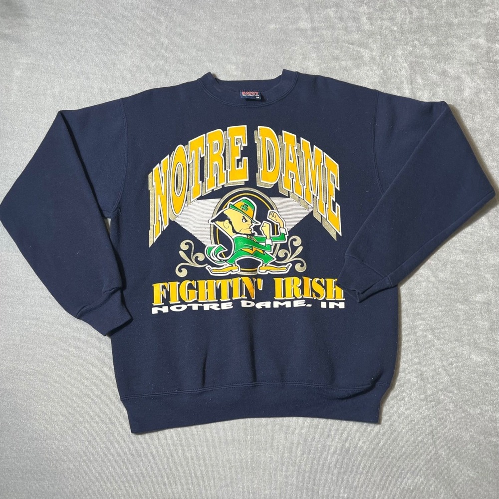 Vintage Savvy Notre Dame Fighting Irish Sweatshirt Navy Blue Made in USA Mens M